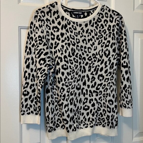 Lands’ End White‎ Leopard 100% Suptima Cotton Sweater Leopard 3/4 Sleeves Size M - Picture 3 of 7